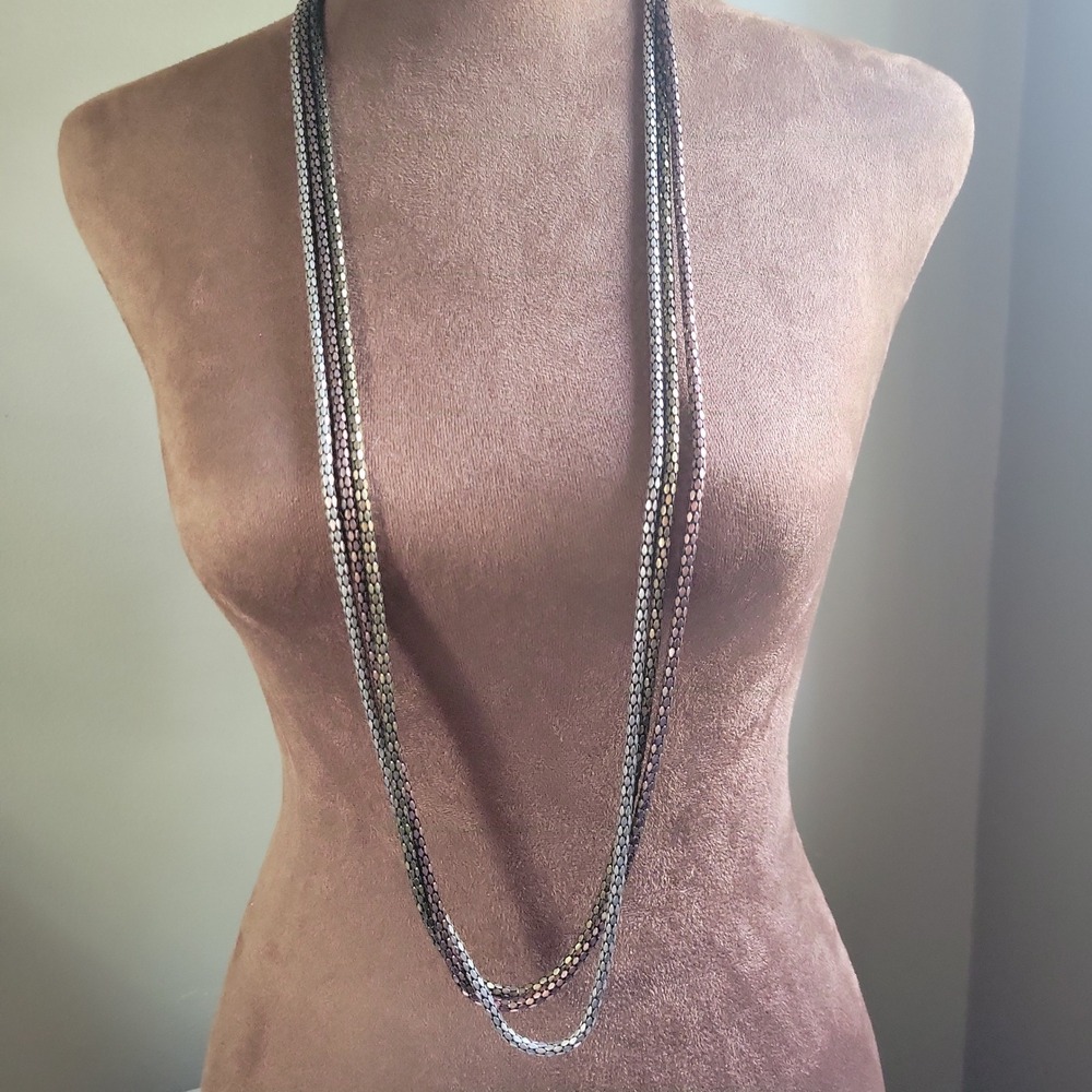 Mixed Metal Triple Strand Mesh Snake Chain Long Necklace 36-39 In Grunge Y2K